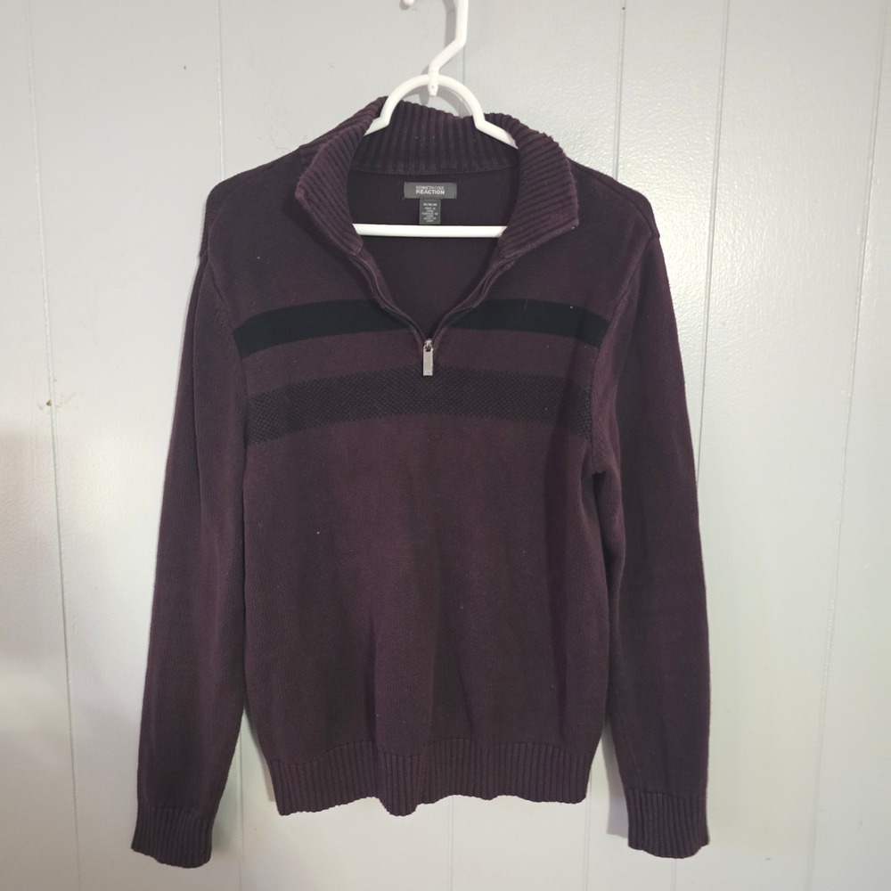 Kenneth Cole Reaction Mens Medium Burgundy Black Striped‎ 1/4 Zip Cotton Sweater